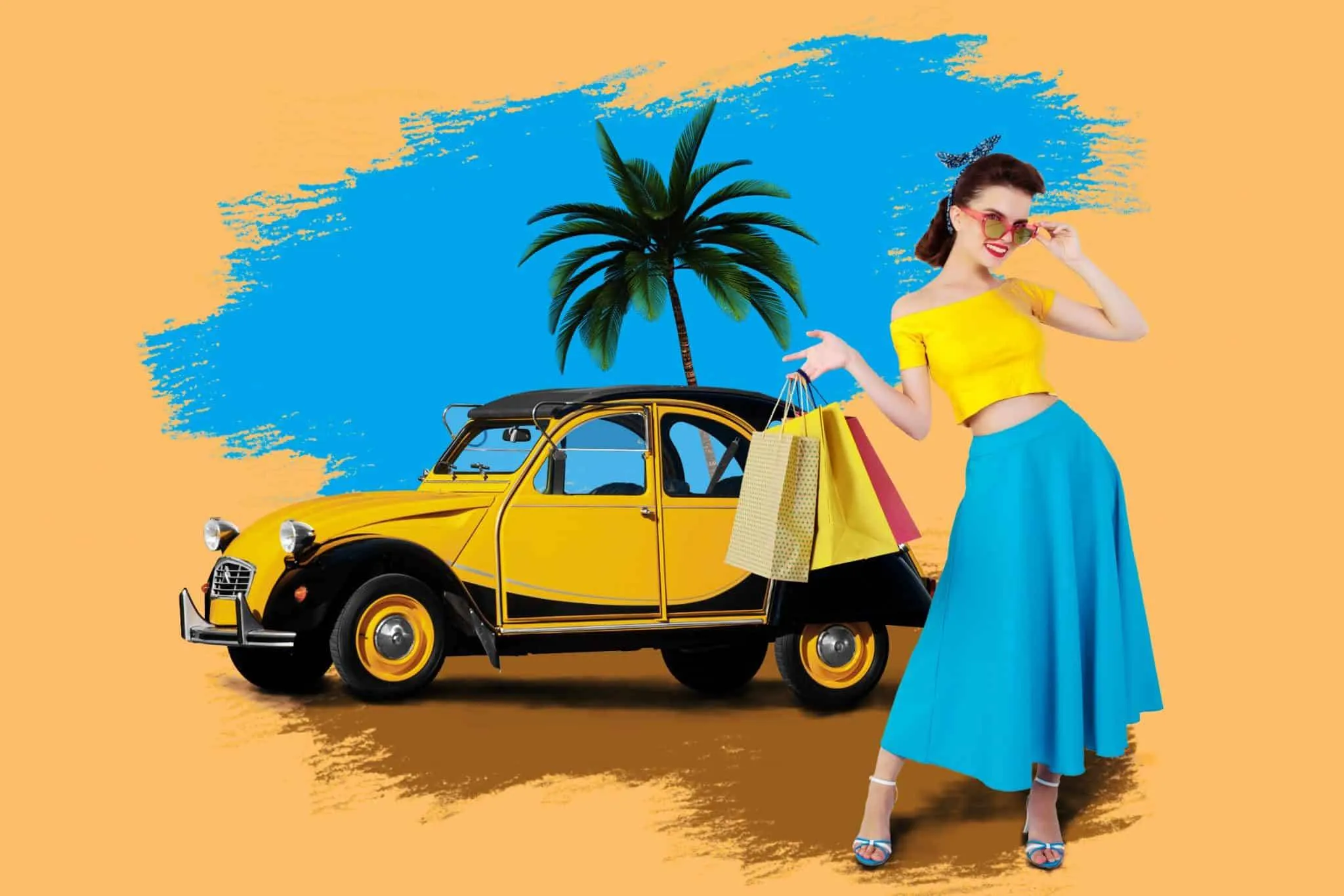 Erlebe hochwertige, italienisch-spanische Mode: Du posierst retro, mit Shopping-Bags vor Vintage-Car und Palmen im Farb-Spotlight.
