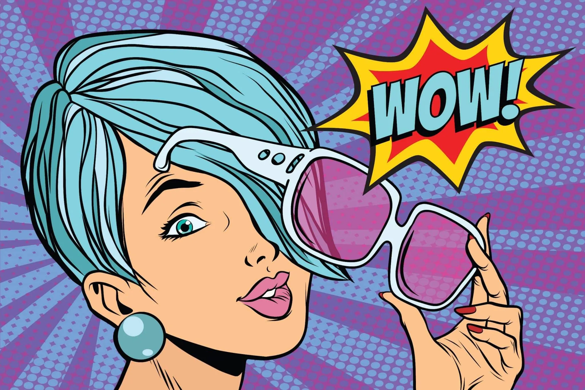 Erlebe deinen Wow-Moment: Du hebst deine XL-Sonnenbrille, blauer Pop-Art-Stil, Boom-Comic-Explosion inklusive!.