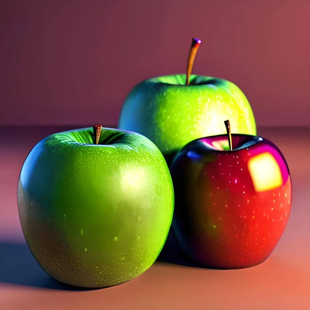 Erlebe deinen Frischekick: Zwei knackig-grüne und ein leuchtend-roter Apfel glänzen vor pinkem Hintergrund für dich.
