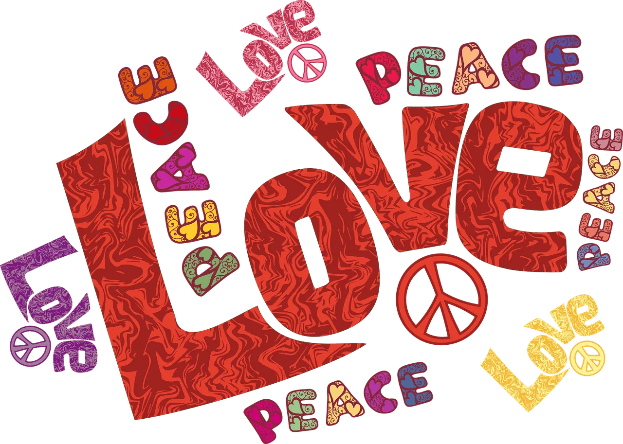 Das Bild zeigt das Wort „LOVE“ in fettem, rotem, gemustertem Text mit verschiedenen Peace-Zeichen und bunten, stilisierten Figuren von Menschen und Herzen, die es umgeben. Der Hintergrund ist mehrfarbig gestreift, wodurch automatisch eine entwurfsähnliche Ästhetik entsteht.