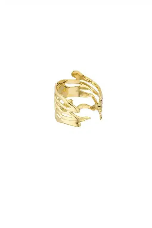 Ein goldener Ring mit offenem Design und glatten, gewellten Linien, die sich um das Band wickeln.