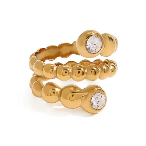 Der goldene Spiral-Wickelring verfügt über ein Perlendesign mit zwei klaren Edelsteinen an jedem Ende und bietet ein glänzendes, poliertes Finish und einen eleganten, modernen Look.