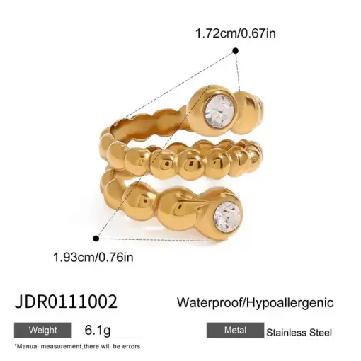 Der Spiralring ist aus goldfarbenem Edelstahl mit einem zweireihigen Perlendesign und zwei runden Kunstedelsteinen gefertigt. Er misst 1,72 cm/0,67 Zoll und 1,93 cm/0,76 Zoll, wiegt 6,1 g und ist als wasserdicht und hypoallergen gekennzeichnet.