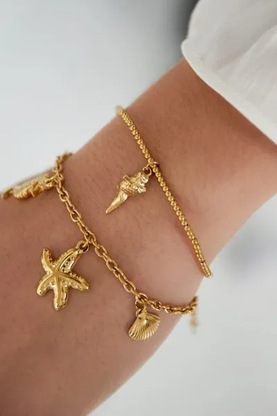 Entdecke Deine neuen Lieblings-Accessoires! Stell Dir vor, Dein Unterarm funkelt mit zwei Seestern Flex Goldarmbändern – eines verziert mit einem Seestern und Muschel, das andere mit einer eleganten Schnecke. Die dezente Ärmel im rechten oberen Blickfeld runden Deinen Look perfekt ab. Hol dir dieses Küsten-Feeling direkt an deinen Arm!.