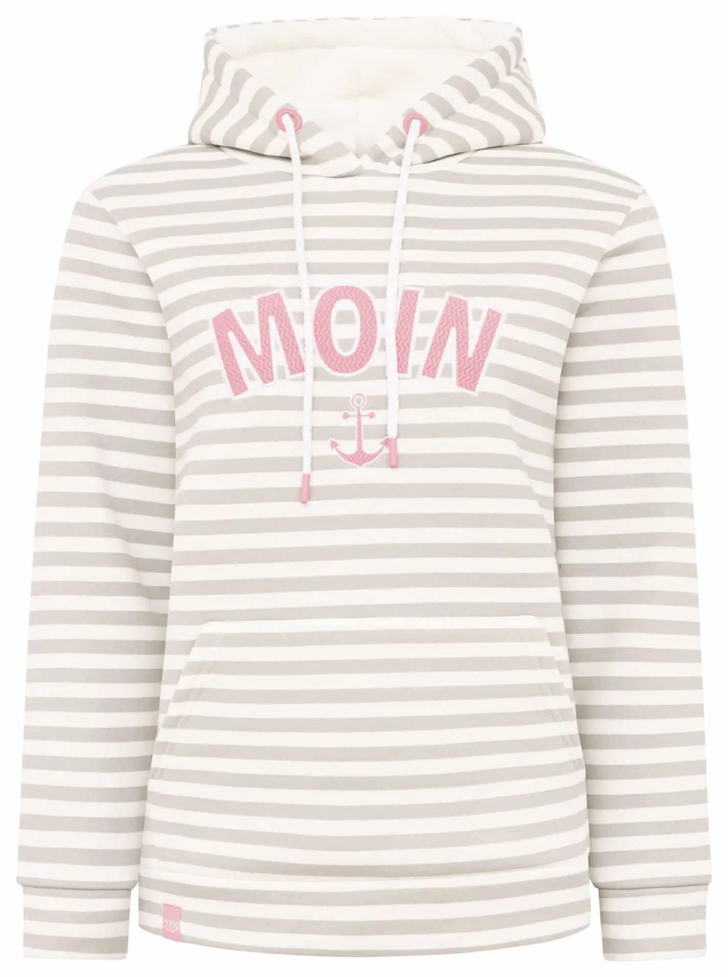 Klar, hier kommt dein Werbetext: Du liebst es gemütlich und stylisch? Dann schnapp dir diesen Hoodie! Die angesagten Beige-Weißen Streifen passen einfach immer. Mit der Känguru-Vordertasche hast du alles Wichtige direkt am Start – perfekt für warme Hände oder deinen Lieblingssnack. Die weißen Kordeln geben dem Ganzen einen frischen Touch. Und das Beste: Auf deiner Brust sagt ein auffälliges pinkes „MOIN“ zusammen mit einem coolen Anker jedem, dass du den Norden im Herzen trägst. Zieh ihn an, fühl dich wohl und zeig allen, was deine Crew ist!.