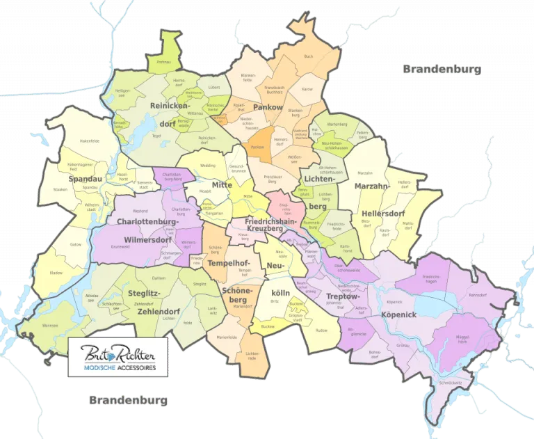Erkunde Berlin auf einen Blick! Mit deiner neuen Karte behältst du den Überblick über alle Bezirke und Ortsteile – farbig hervorgehoben, stylisch beschriftet und voll im modernen Look. Hauptgewässer? Klar zu erkennen. Die Grenzen zu Brandenburg? Unaufdringlich grau gehalten, sodass dein Fokus auf der Hauptstadt bleibt. Sogar das Impressum haben wir dezent eingebaut – schließlich zählt jedes Detail! Hol dir die Karte, entdecke jeden Kiez und finde deinen Lieblingsplatz in Berlin.
