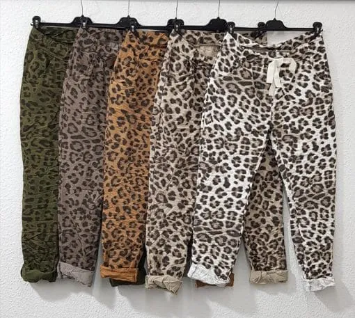 Verwandle deinen Look mit diesen fünf zauberhaften Leopardenhosen in unterschiedlichen Farben! Auf schwarzen Bügeln inszeniert vor einer strahlend weißen Wand warten sie darauf, deine Garderobe auf das nächste Level zu heben. Finde dein Lieblingsmuster, kombiniere trendbewusst und setze ein Statement - das Tiermuster ist dein ultimativer Style-Boost für jeden Tag!.