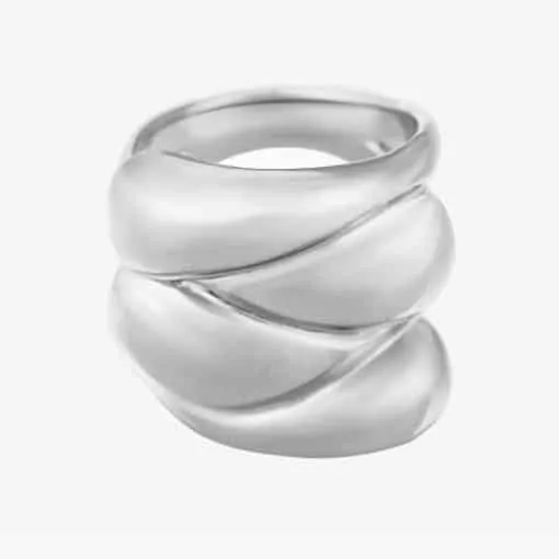 Entdecke deinen neuen Lieblingsring: Modernes, glänzend und raffiniert gedrehtes Silber-Design auf cleanem weißen Hintergrund.