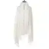 Entdecke den Jolina Poncho Schal: Weißes Design mit flauschigem Fellbesatz und Fransen - dein Must-have für luxuriöse Looks!.