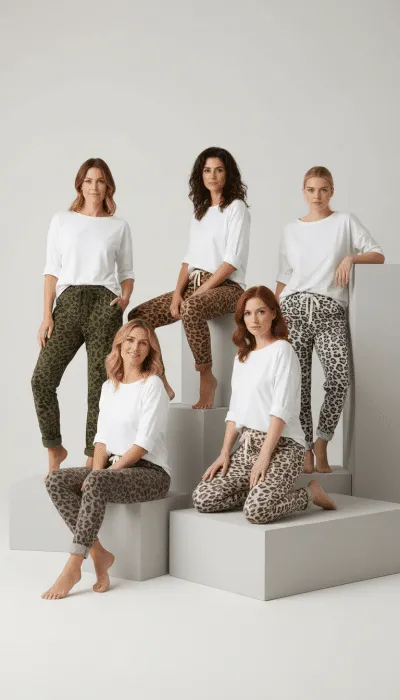 Entdecke deinen Style: Trage weiße Tops und zauberhafte Leopardenhosen wie diese Frauen - modern, barfuß und voller Energie!.