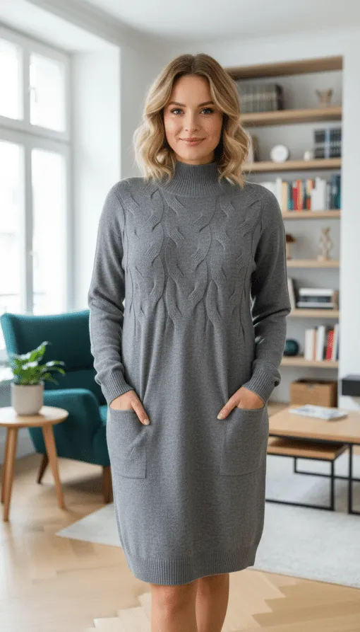 Du trägst das Cable Chic Dress in einem stylischen, gemütlichen Wohnzimmer mit Bücherregalen und üppigen Pflanzen.