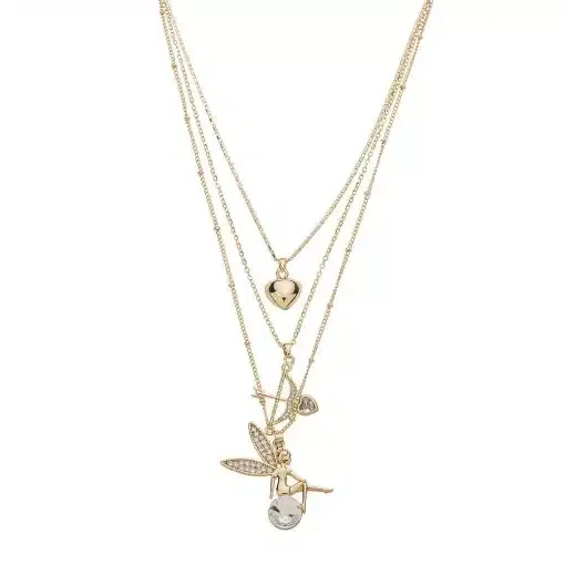 Verleihe deinem Look Glanz: Trage eine goldene Layering-Kette mit Herz-, Pfeil- und Feen-Anhängern und funkelnden Kristallen.