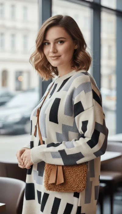 Du stehst stilvoll in geometrischem Pullover vor großen Fenstern und präsentierst selbstbewusst die Handy Teddy Tasche.