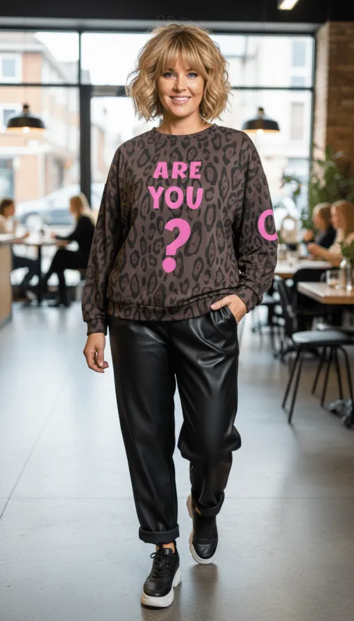 Strahle Stil aus, während du lächelnd im Café das ARE YOU OK Sweatshirt mit coolem Leo-Print und pinkem 