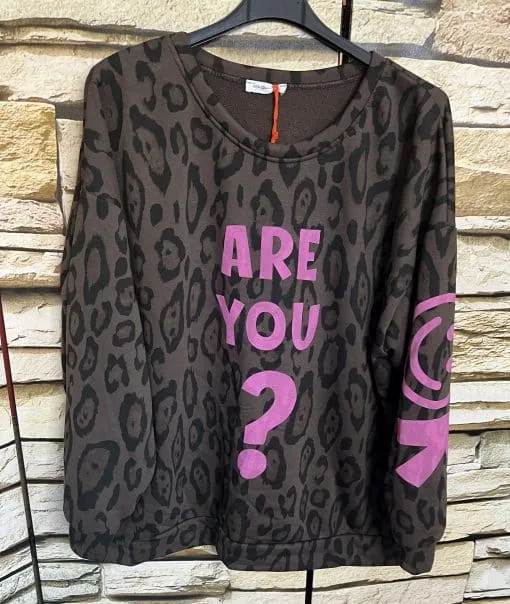 Hol dir das trendige ARE YOU OK Sweatshirt mit stylischem Leo-Print und pinkem ARE YOU?-Schriftzug - ein echter Eyecatcher!.
