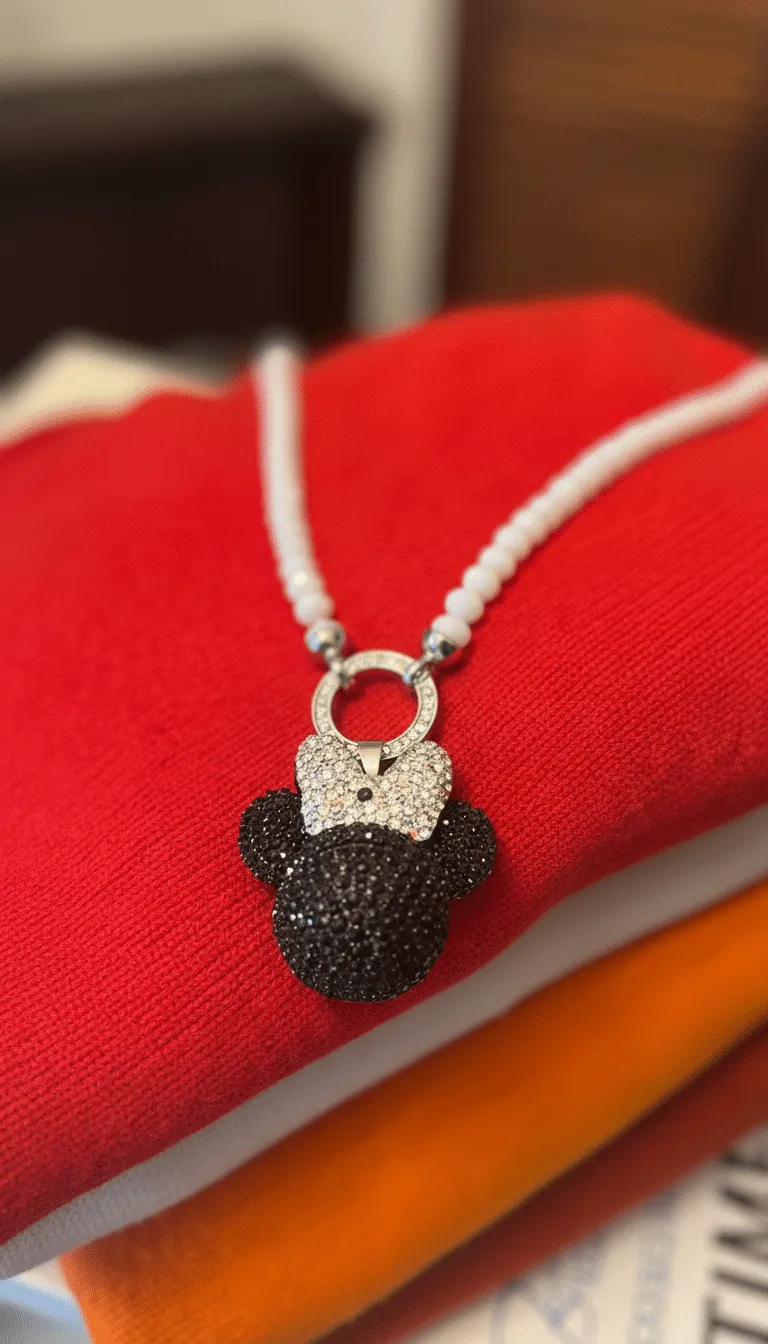 Mit deinen Maus Wechselanhänger-Ketten erstrahlst du stilvoll auf leuchtenden Stoffen in Rot, Weiß und Orange.