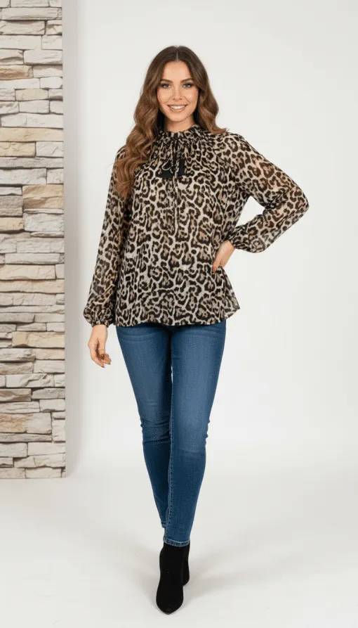 Strahle im Studio mit der Lurex Elegance Bluse im Animal Print zu Jeans und coolen schwarzen Boots - dein trendiges Statement!.
