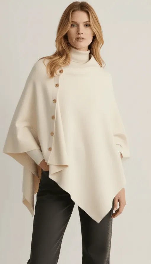 Du stehst im Mittelpunkt: Im cremefarbenen Dinah Poncho mit stylishen Seitenknöpfen und schwarzen Hosen bist du ein Hingucker.