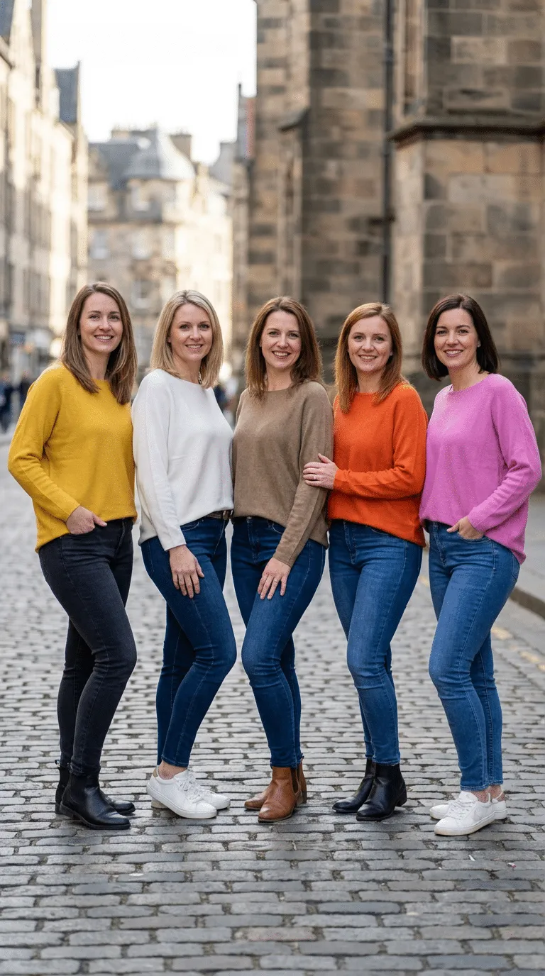 Komm vorbei und erlebe pure Freude: Fünf Frauen strahlen in bunten Pullis-fühl auch du das Softness-Highlight zum Wohlfühlen!.