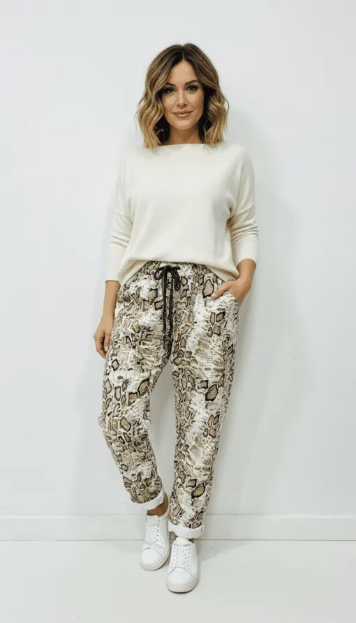 Entdecke deinen Style: Kombiniere weiße Sneaker zum weißen Sweater und zauberhafte Reptile Chic Pants vor heller Wand.