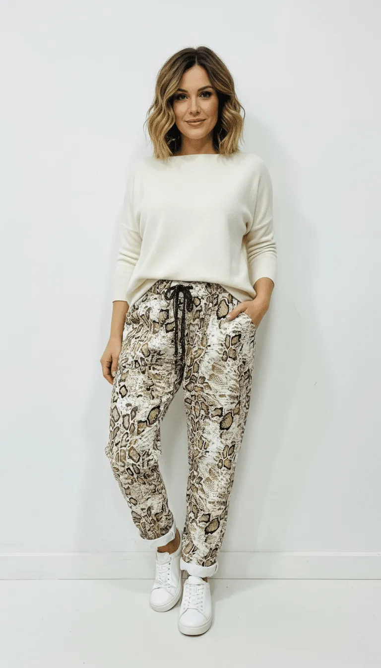 Entdecke deinen Style: Kombiniere weiße Sneaker zum weißen Sweater und zauberhafte Reptile Chic Pants vor heller Wand.