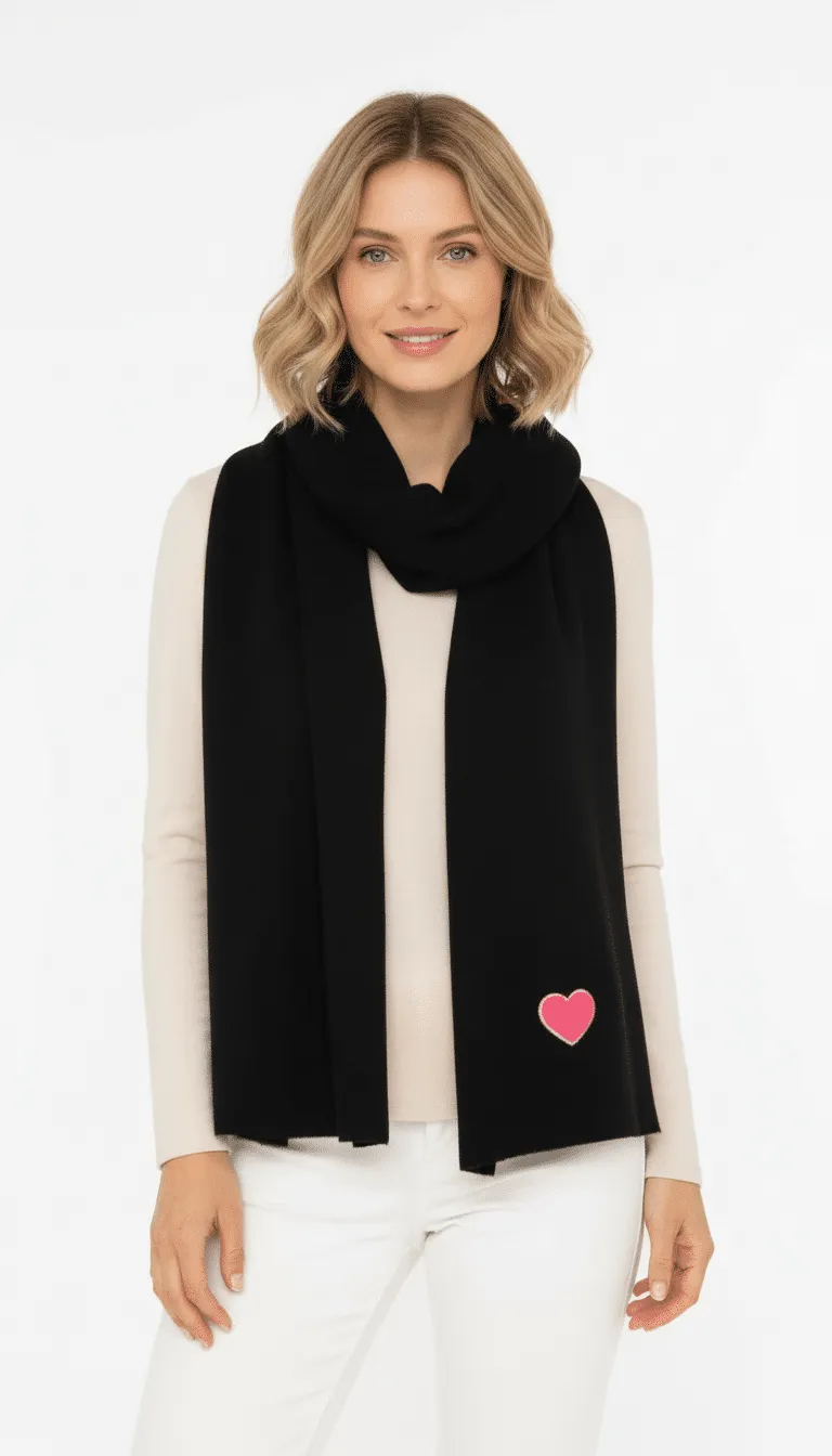 Spüre den Winterzauber: Trage den Zwillingsherz Winterliebe-Strickschal mit pinkem Herz, kombiniert zu Beige und Weiß.