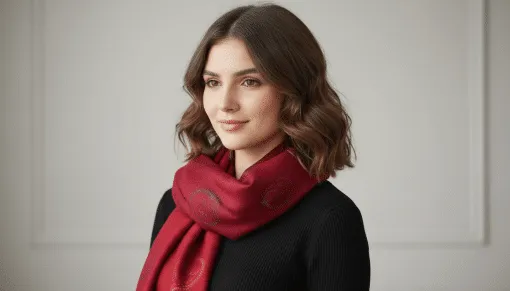 Setze ein Statement: Du trägst den roten ColorFlow Viskose-Schal stilvoll zum schwarzen Top vor hellem Hintergrund.