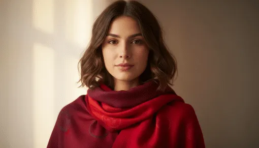 Erlebe, wie du mit dem roten ColorFlow Viskose-Schal und deinem welligen Haar im sanften Licht modern und stilvoll wirkst.