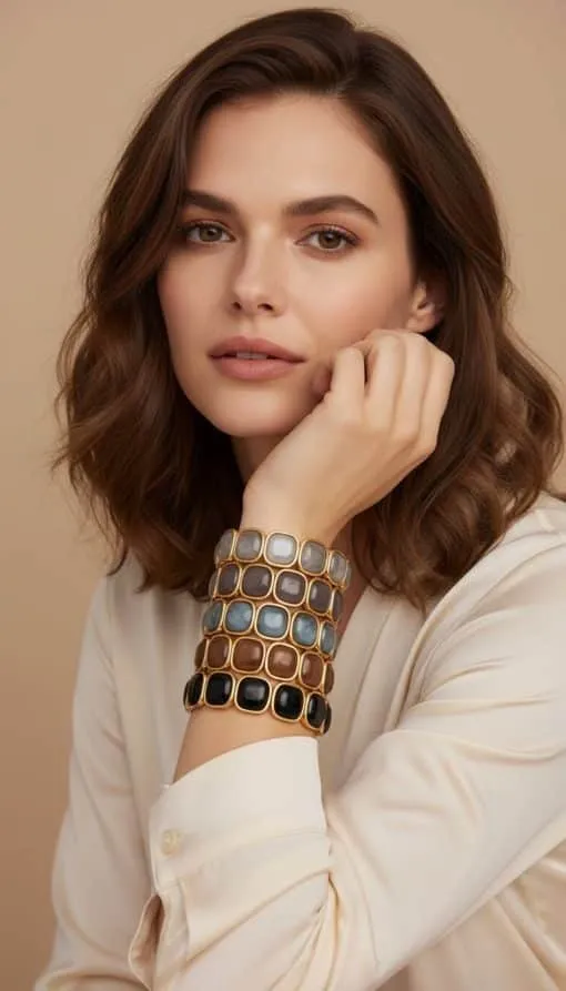 Setzen Sie ein Statement mit dem Crystal Frame Bracelet an Ihrem Handgelenk - kombiniert zu weitem Muster-Armband und cremefarbener Bluse.