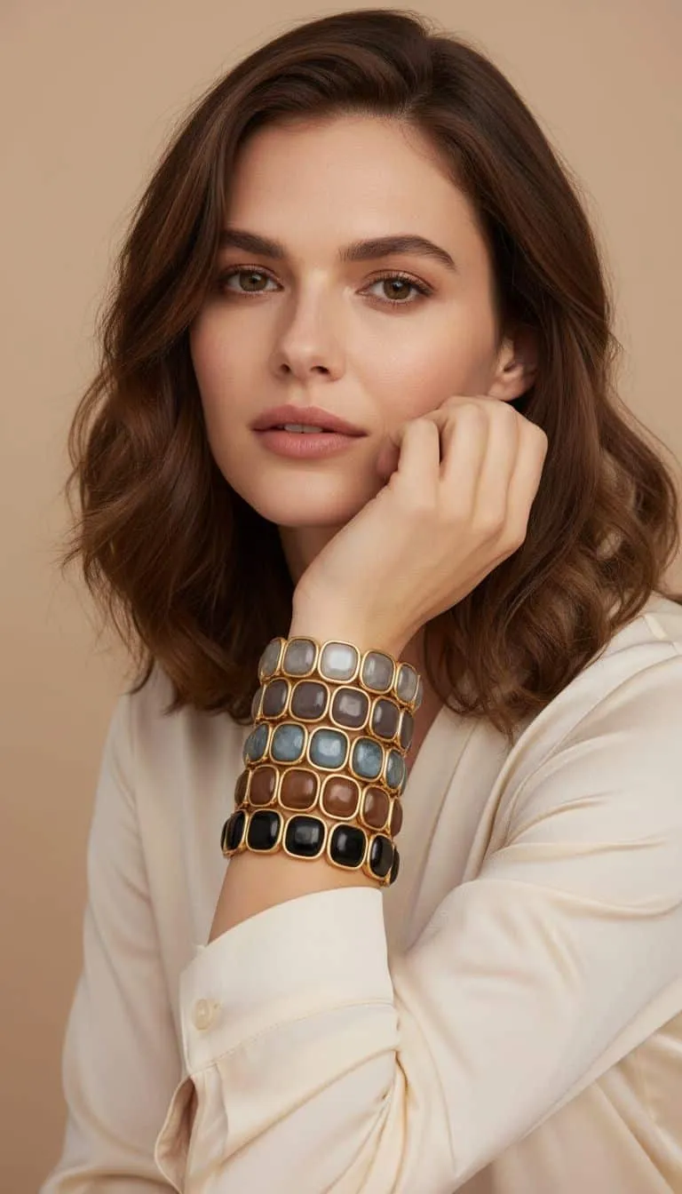 Setzen Sie ein Statement mit dem Crystal Frame Bracelet an Ihrem Handgelenk - kombiniert zu weitem Muster-Armband und cremefarbener Bluse.