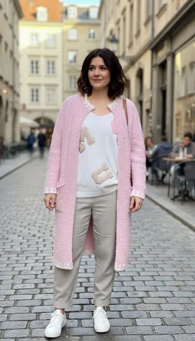 Zeig deinen Stil: Mit pinker Strickjacke, weißem Shirt, beiger Hose und weißen Sneakern rockst du das Kopfsteinpflaster!.