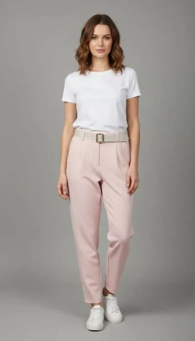 Du strahlst Modernität aus - im weißen T-Shirt, rosa Hose mit Gürtel und weißen Sneakern vor stylishem grauem Hintergrund.