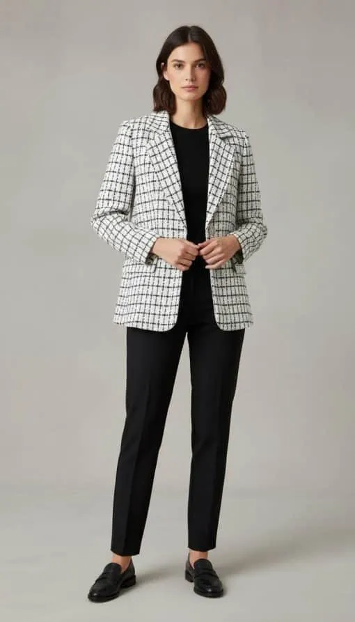 Trage den eleganten weißen Karoblazer 