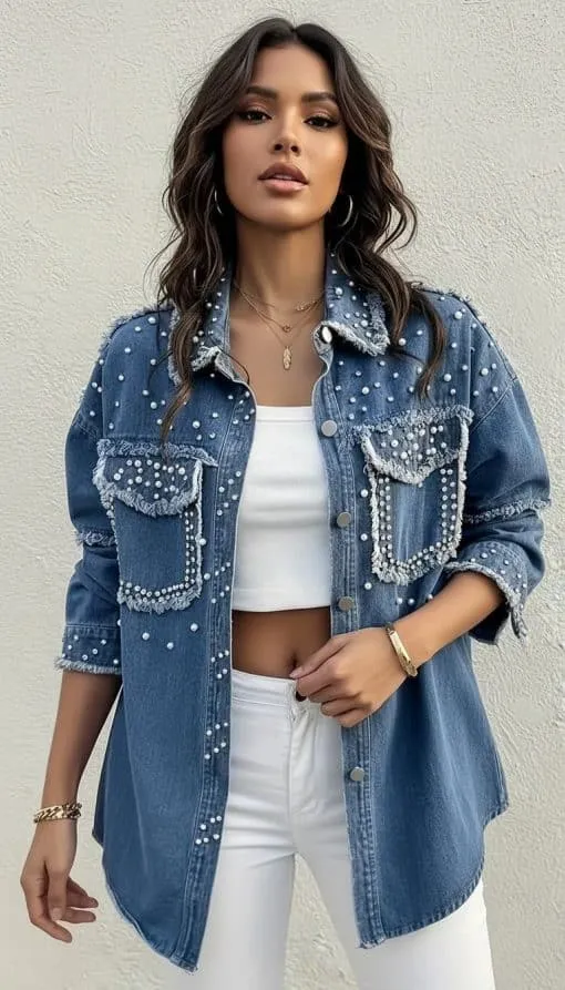 Setze ein Fashion-Statement: Du trägst die trendige Jeansjacke Pearl Edition zu weißem Crop-Top und Pants vor heller Wand.
