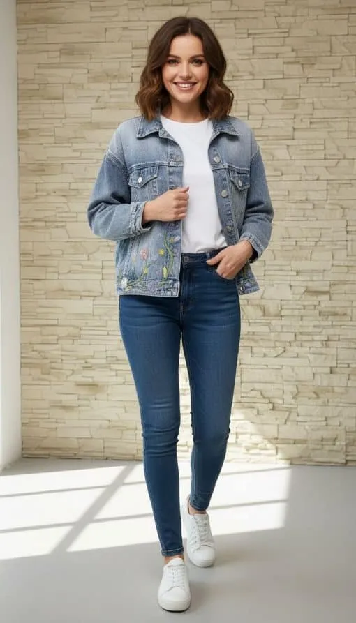 Erlebe deinen modernen Look: In der Denim Floral Dream Jeansjacke, weißem Shirt, Jeans und weißen Sneakern strahlst du pure Lebensfreude aus.