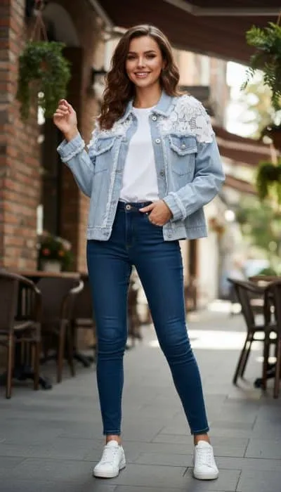 Strahle im trendigen Floral Denim Jacket, kombiniert mit weißem Shirt und Jeans - dein Look für stylishe Momente am Straßencafé!.