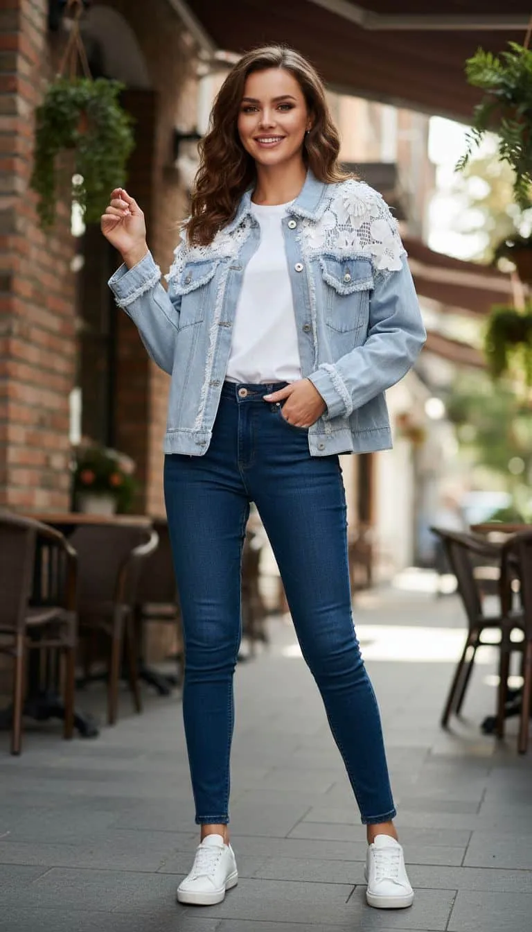 Strahle im trendigen Floral Denim Jacket, kombiniert mit weißem Shirt und Jeans - dein Look für stylishe Momente am Straßencafé!.