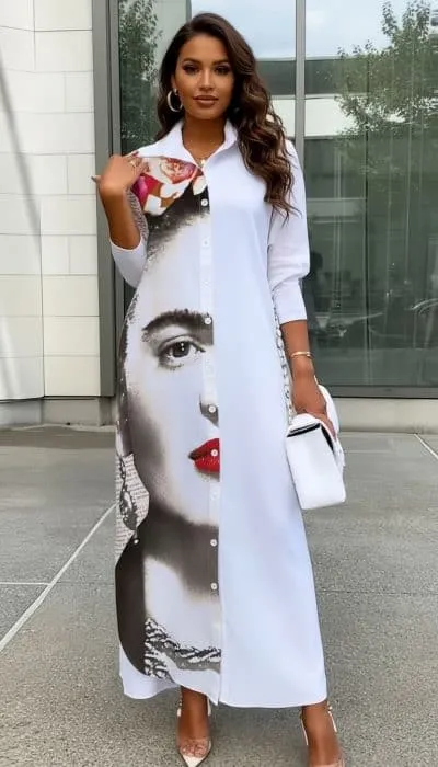 Erlebe das Modern Art Chic Kleid: Du strahlst in Weiß mit angesagtem Face-Print und stylischer Tasche - dein urbaner Look!.