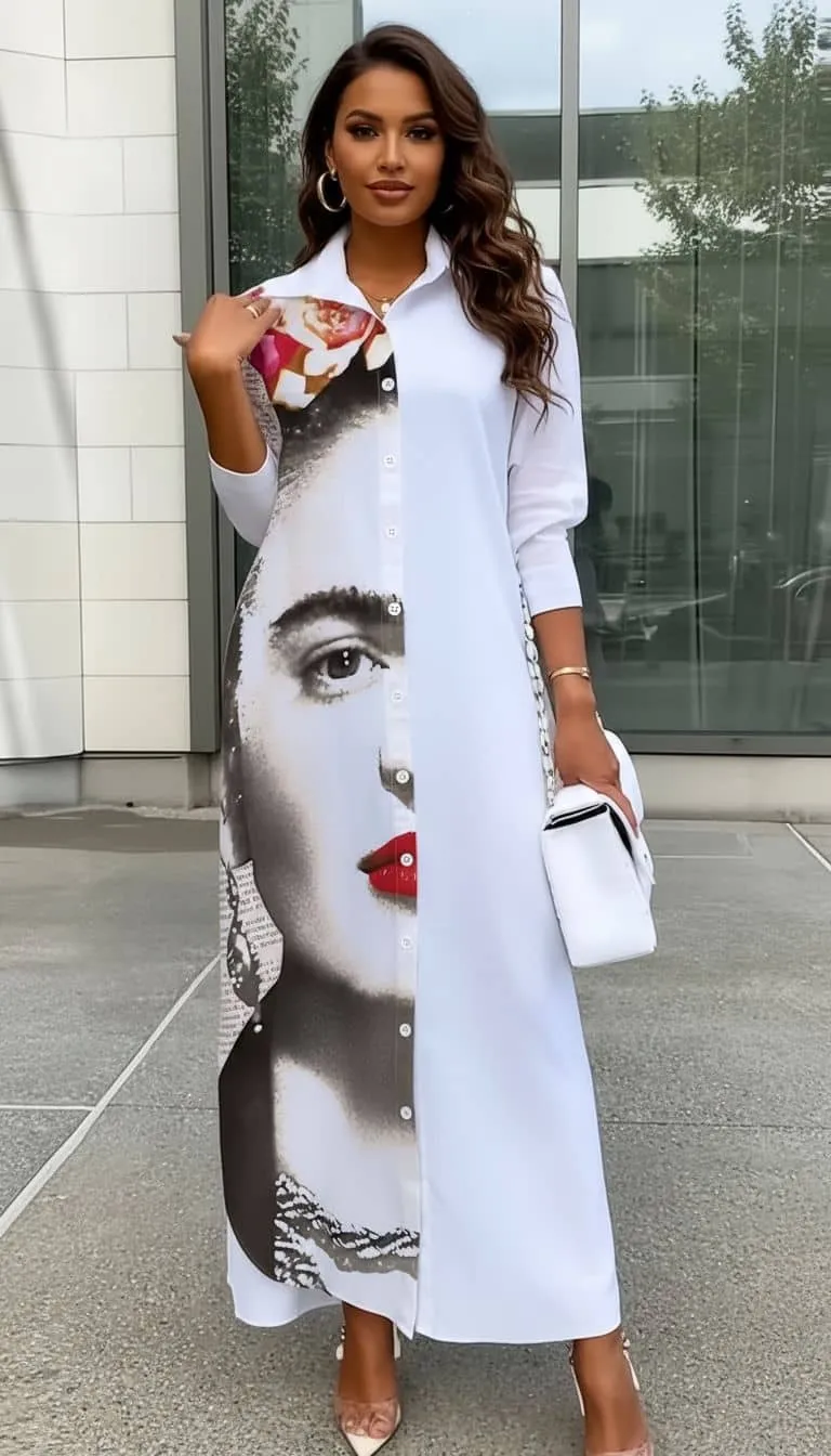 Erlebe das Modern Art Chic Kleid: Du strahlst in Weiß mit angesagtem Face-Print und stylischer Tasche - dein urbaner Look!.