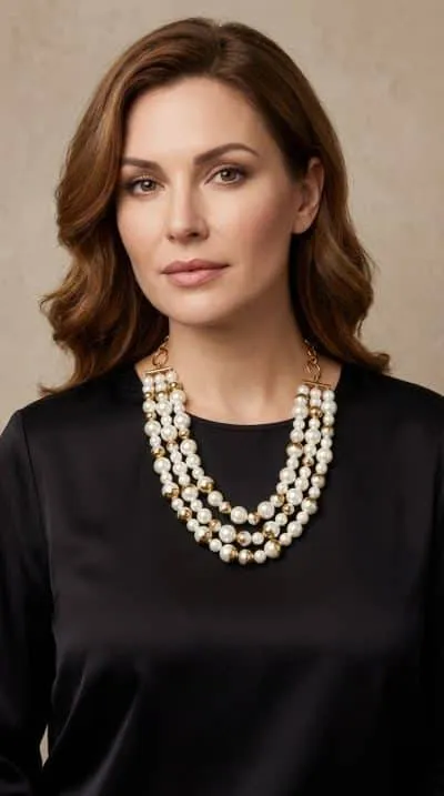 Home Elegantes La Belle Pearl Collier mit mehrreihigen Perlen und goldenen Akzenten an einer Frau.