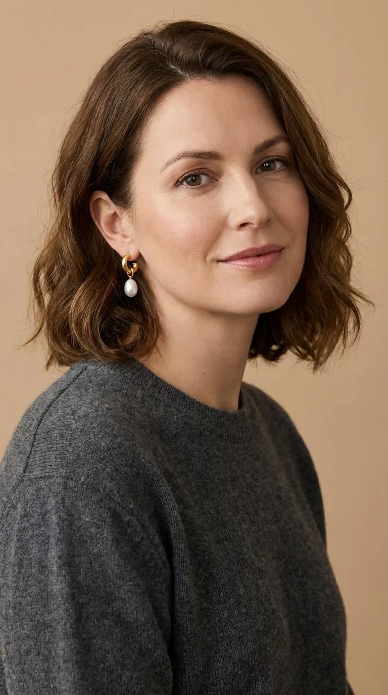 Du trägst kurze braune Haare, einen grauen Pullover und die eleganten Luxe Curve Drops Ohrringe - dein Lächeln verzaubert.