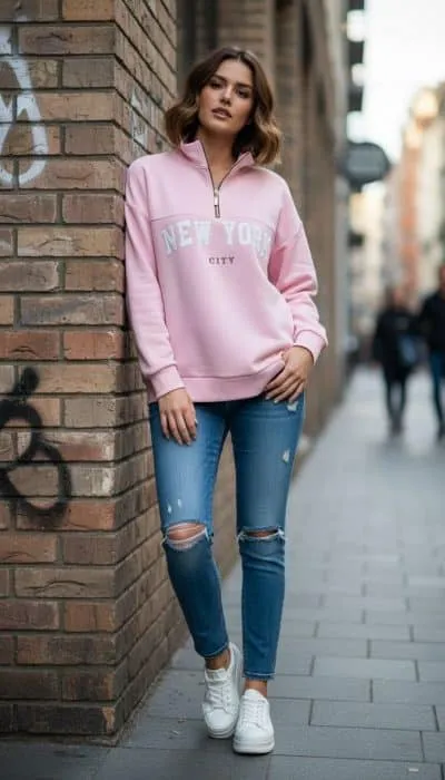 Mit dem pinken New York City Sweatshirt und coolen Ripped Jeans setzt du urban ein Statement - lässig am Backstein lehnend.