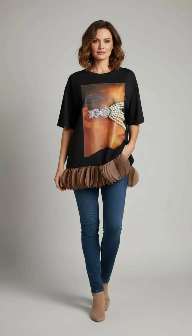 Strahle in blauer Jeans, beigen Boots und dem trendigen Pearl Vision Sweatshirt mit verspieltem Rüschen-Saum - dein Style-Statement!.