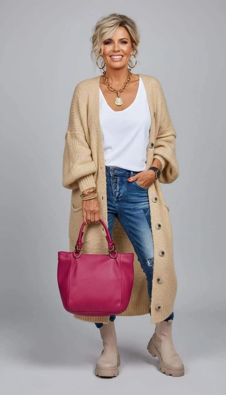 Du strahlst in deinem beigen Love & Peace Cardigan, weißem Top, Jeans und Tan-Boots mit auffälliger pinker Handtasche.
