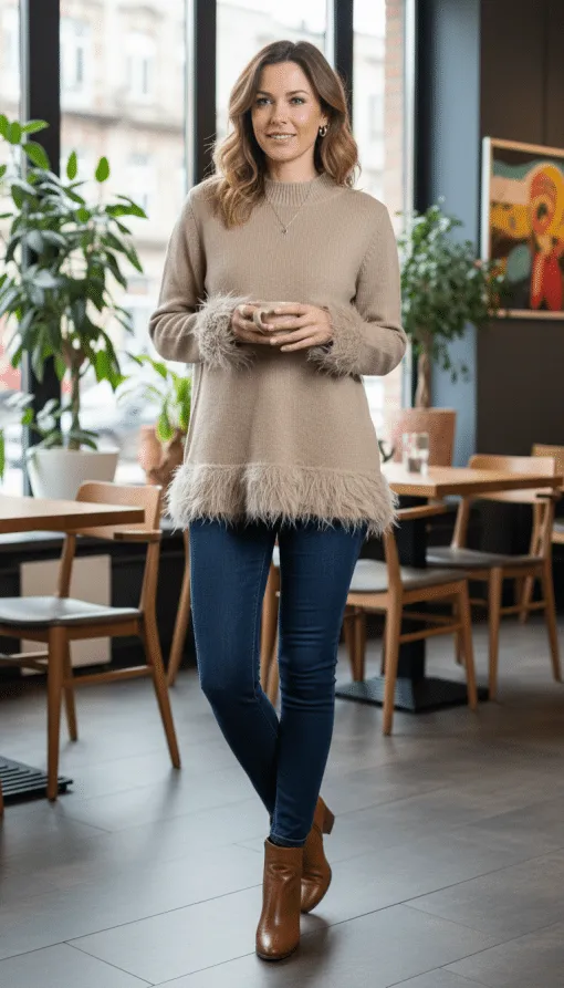 Erlebe deinen Tag stilvoll im Nordic Flair Pullover, kombiniert mit Jeans und Boots - genieße entspannt deinen Kaffee im modernen Café.