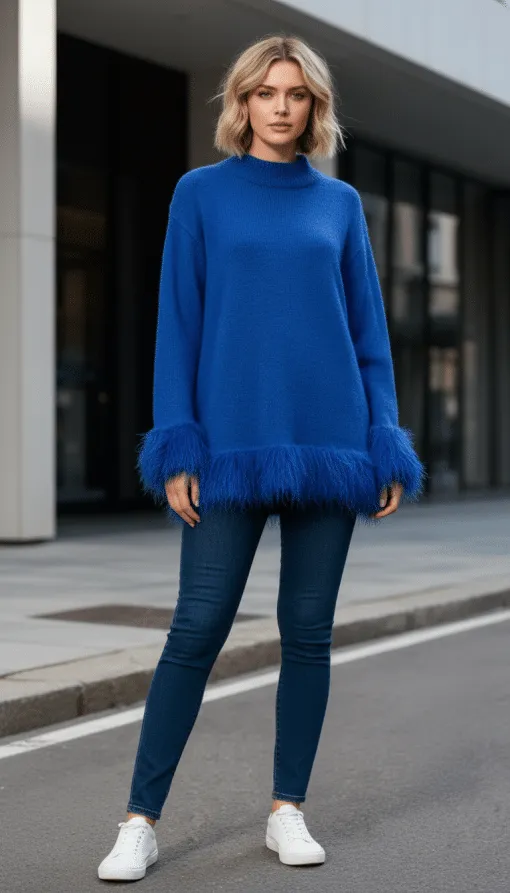 Zeige deinen modernen Stil: Zieh den Pure Ease Pullover mit Federmanschetten, Jeans und Sneakers in der City an.