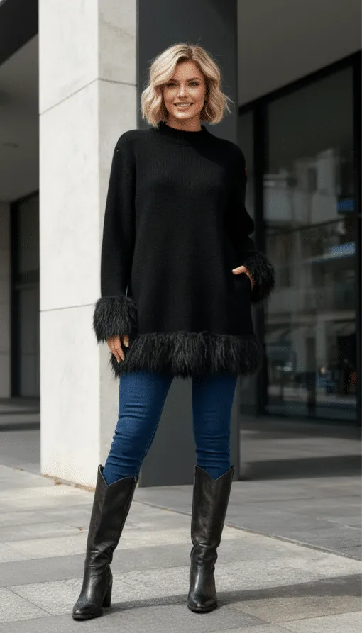 Erlebe deinen Style neu: Im Pure Ease Pullover mit Fellbesatz, Blue Jeans und Boots strahlst du moderne, lässige Eleganz aus.