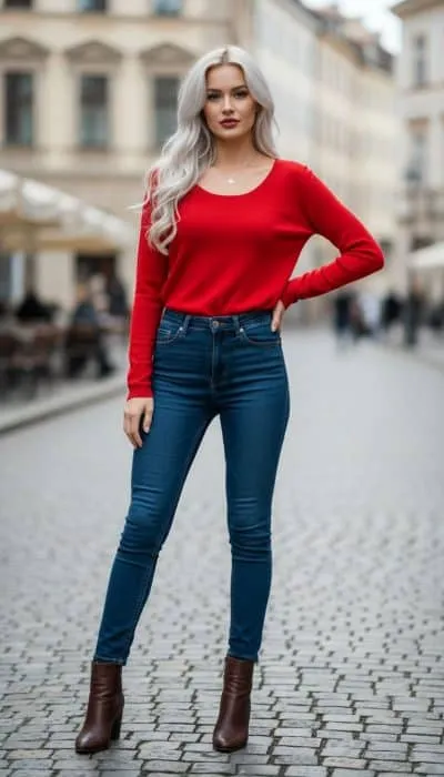 Erlebe den einzigartigen Soft Line Pullover - du strahlst mit blonden Haaren, Jeans und Boots auf dem Kopfsteinpflaster.