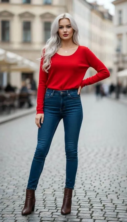 Erlebe den einzigartigen Soft Line Pullover - du strahlst mit blonden Haaren, Jeans und Boots auf dem Kopfsteinpflaster.