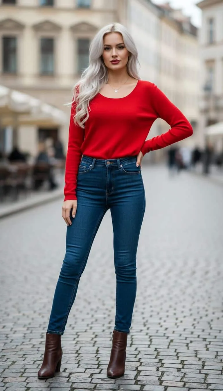 Erlebe den einzigartigen Soft Line Pullover - du strahlst mit blonden Haaren, Jeans und Boots auf dem Kopfsteinpflaster.